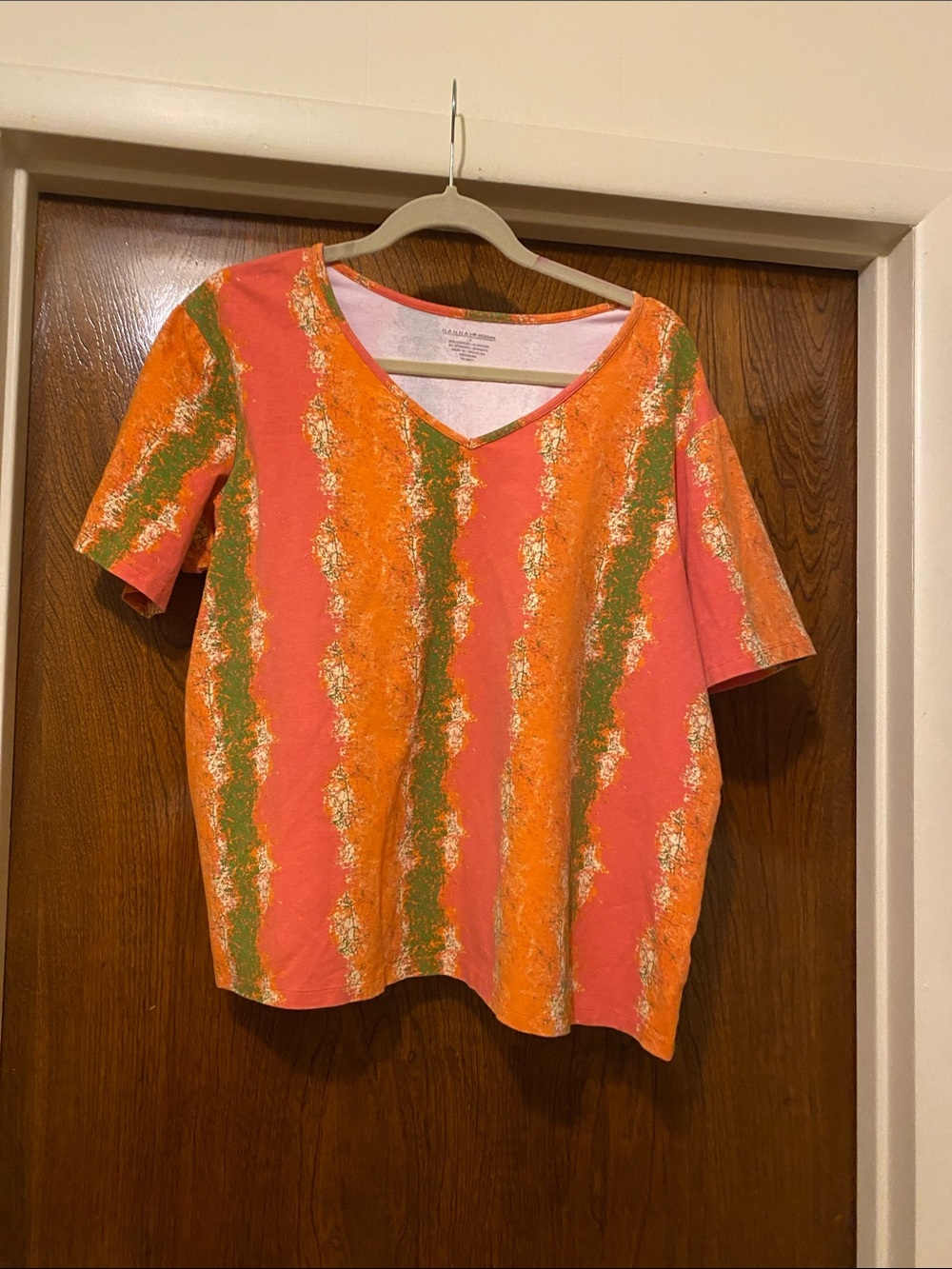 Hannah Coral and Orange Short Sleeve V-Neck Top with Green Stripe